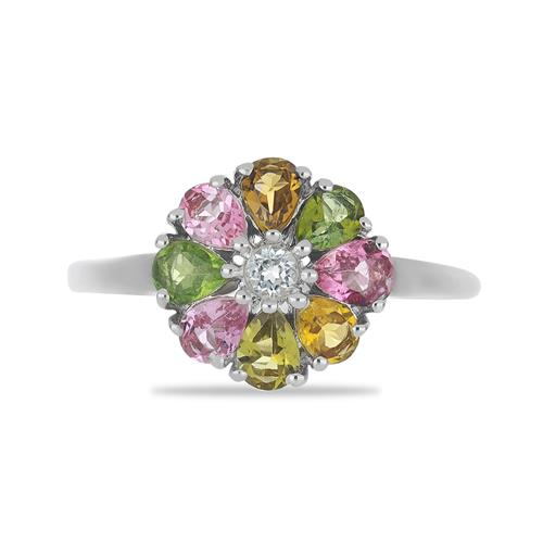 BUY  NATURAL MULTI TOURMALINE WITH WHITE ZIRCON GEMSTONE RING  IN 925 SILVER